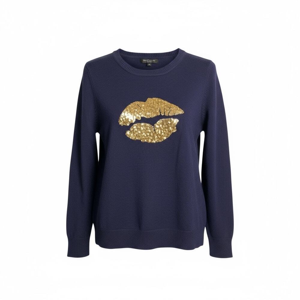 Romeo & Juliet Couture Blue Gold Kiss Sweater Lips Love Sequin Small S
